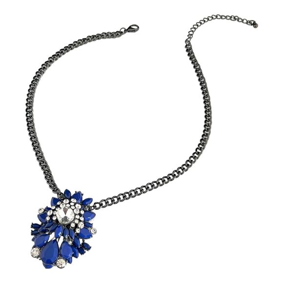 New Designer Statement Necklace Hematite Tone Blue Stones Crystal Accents 4A - Picture 1 of 5
